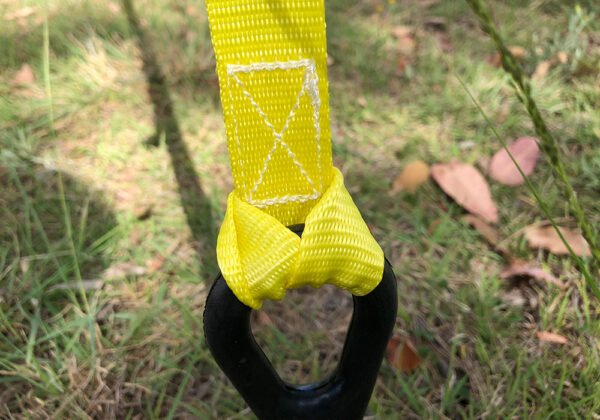 Close up of hi vis strap attached to safety spring