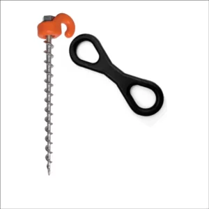 Ground dog screw in peg with hook collar and safety spring