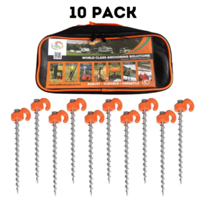 Ground dog screw in pegs 10 pack in canvas bag for awnings, tents and gazebos