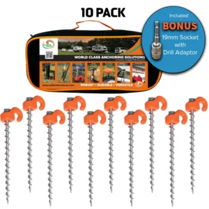 This 10 pack of stainless steel Ground Dog screw in pegs with orange Hook Collars come in a quality black canvas zip bag, and we have included a BONUS 19mm Socket with Drill Adaptor.